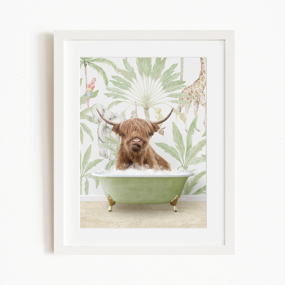 A brown cow with horns is sitting in a green bathtub, surrounded by tropical plants and a giraffe in the background.