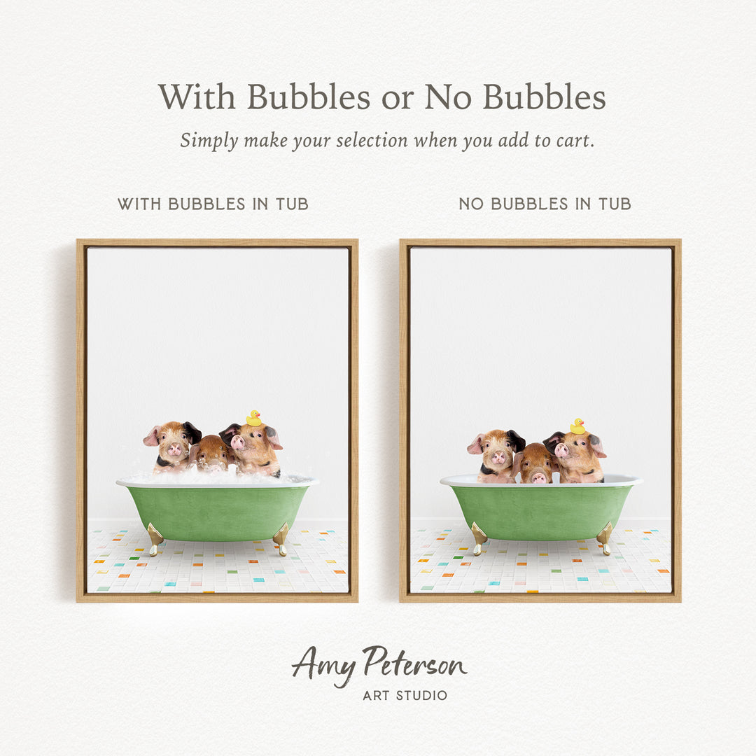 The image is a collage of two framed pictures, each depicting a group of three small animals, likely hamsters, sitting in a green bathtub. The text above the images reads "With Bubbles or No Bubbles" and below the images, it says "Simply make your selection when you add to cart." The artist's name, Amy Peterson, is mentioned at the bottom of the image.