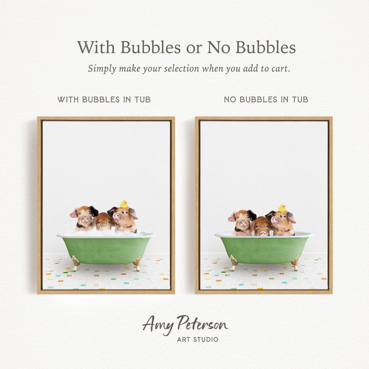 The image is a collage of two framed pictures, each depicting a group of three small animals, likely hamsters, sitting in a green bathtub. The text above the images reads "With Bubbles or No Bubbles" and below the images, it says "Simply make your selection when you add to cart." The artist's name, Amy Peterson, is mentioned at the bottom of the image.
