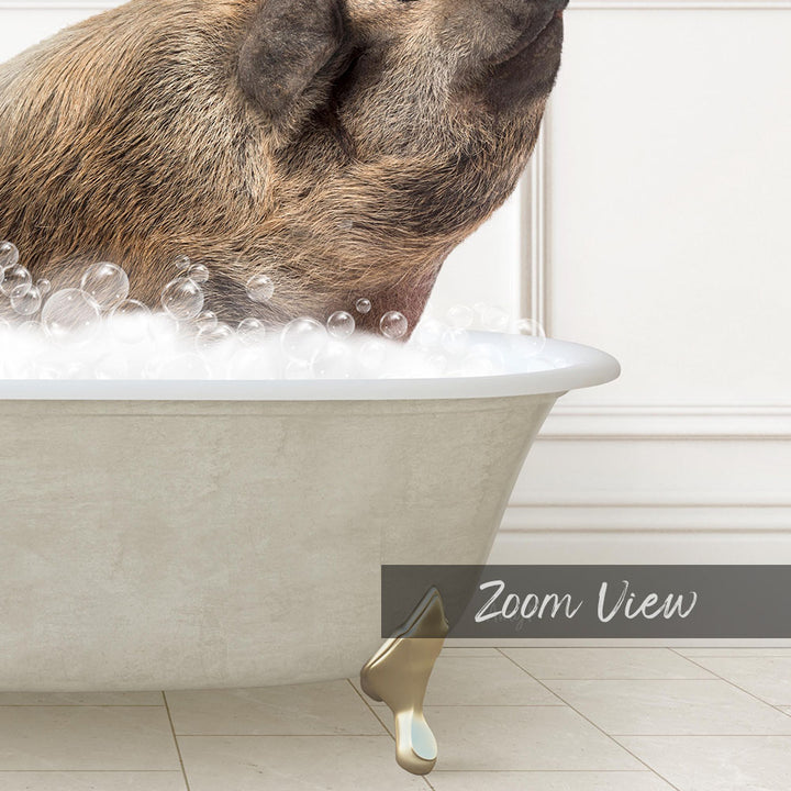 A pig is sitting in a bathtub filled with bubbles, enjoying a bath.