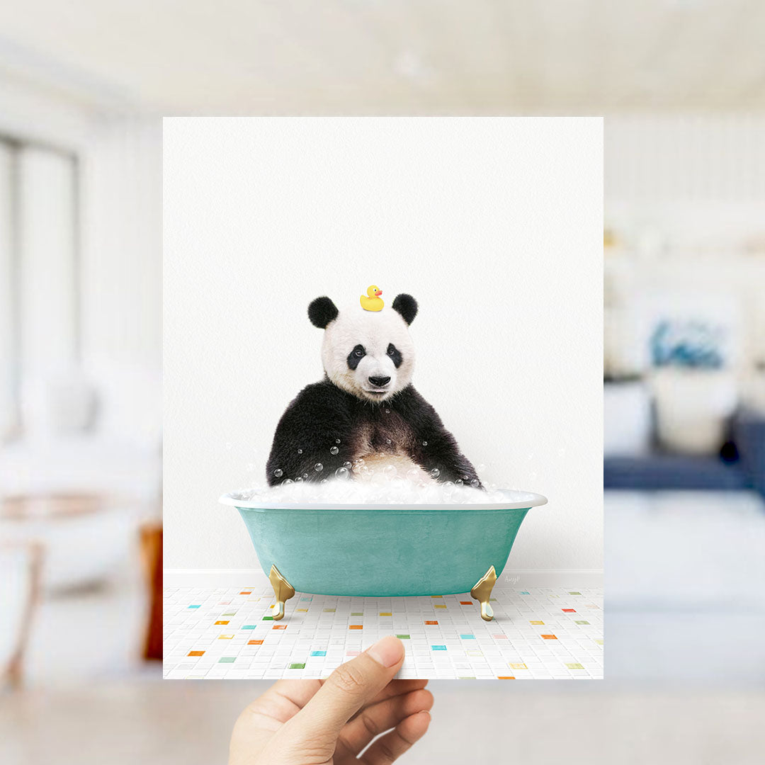 A panda bear sitting in a green bathtub filled with bubbles, with a rubber duck on its head.