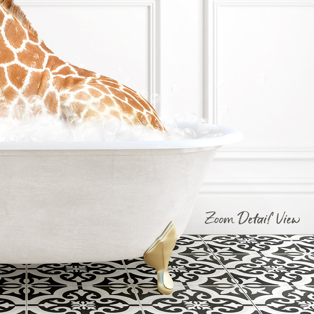 A giraffe standing in a white bathtub filled with bubbles, with a black and white patterned floor in the background.