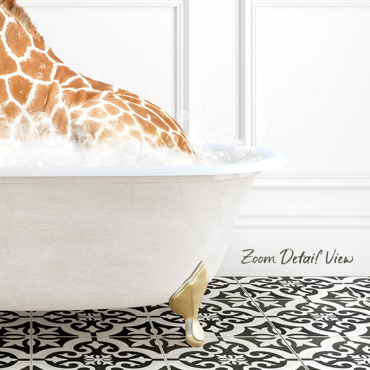 A giraffe standing in a white bathtub filled with bubbles, with a black and white patterned floor in the background.