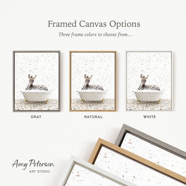 three framed canvas options, each featuring a zebra in a bathtub. The options include a gray, a natural, and a white frame.