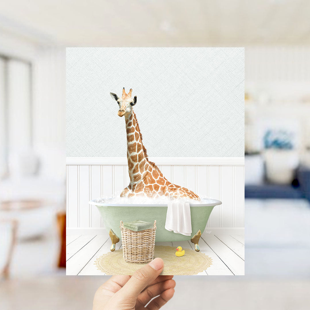 A giraffe sitting in a bathtub filled with bubbles, surrounded by a basket of toys and a yellow rubber duck.