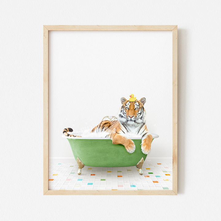 a picture of a tiger taking a bath in a green bathtub