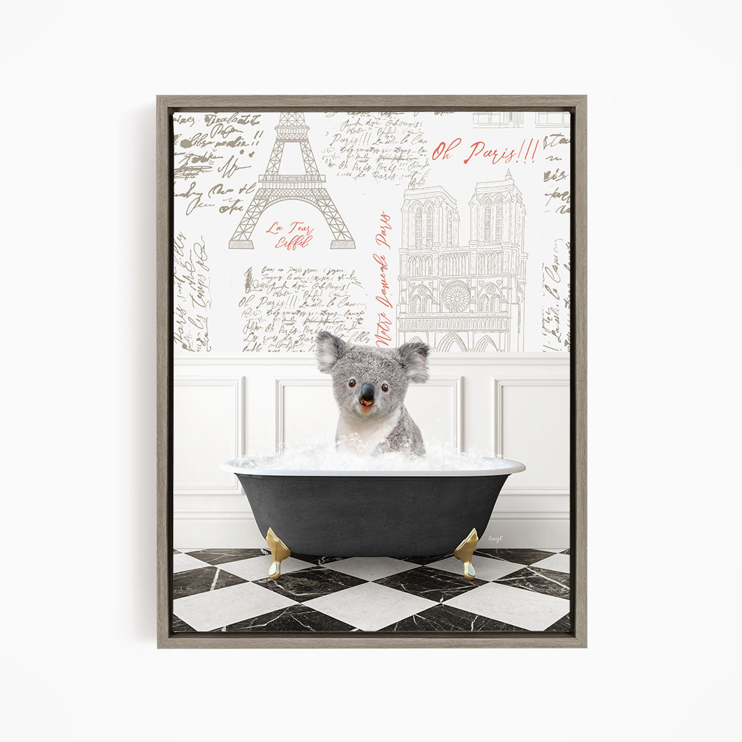 A koala bear sitting in a bathtub filled with water, surrounded by various texts and illustrations related to Paris.