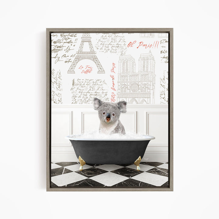 A koala bear sitting in a bathtub filled with water, surrounded by various texts and illustrations related to Paris.