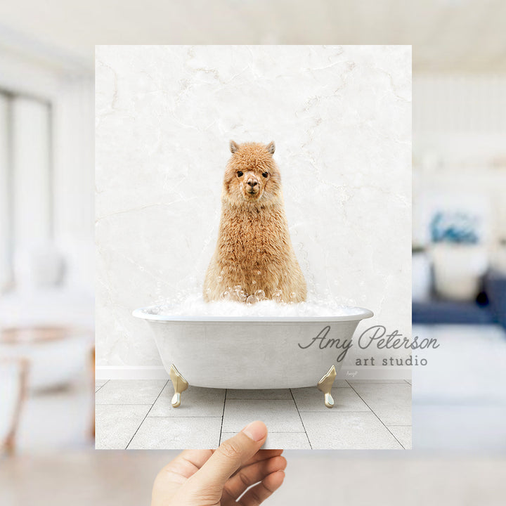 a hand holding a photo of a dog in a bathtub