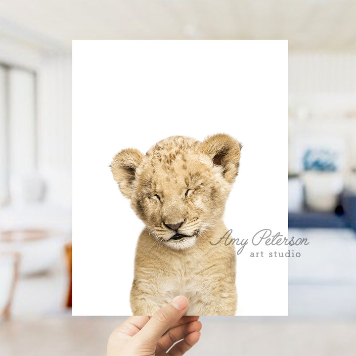 a hand holding up a picture of a baby lion