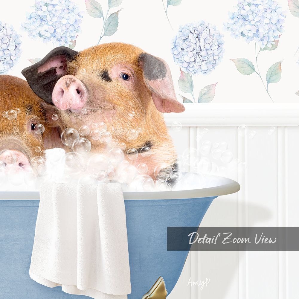 A pig sitting in a blue bathtub filled with bubbles, surrounded by a floral patterned wall.