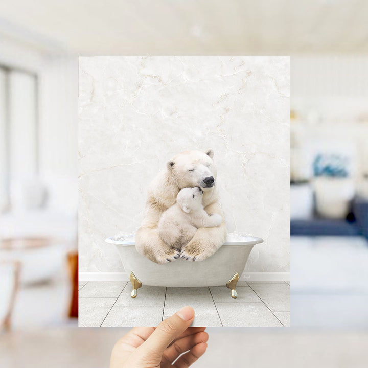 A polar bear and its cub sitting in a bathtub, with the polar bear appearing to be hugging the cub.