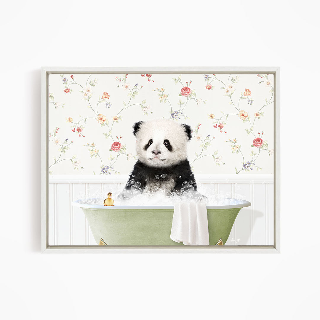A panda bear sitting in a green bathtub filled with bubbles, surrounded by a floral wallpaper.