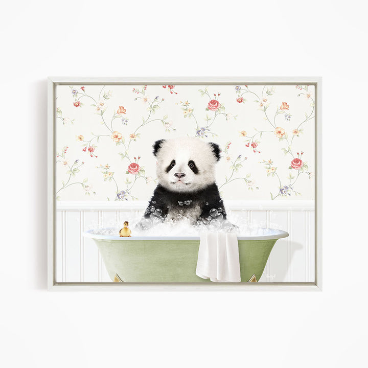 A panda bear sitting in a green bathtub filled with bubbles, surrounded by a floral wallpaper.
