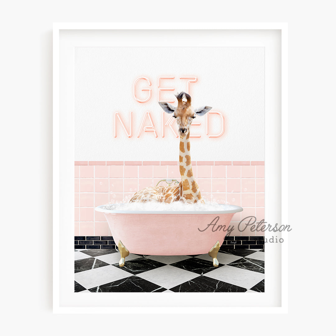 a giraffe in a bathtub with a sign above it