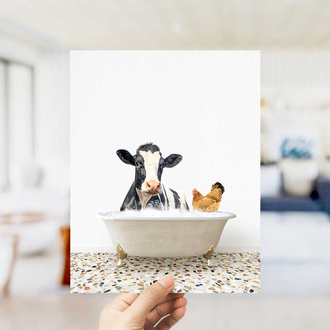 A cow and a chicken are sitting in a bathtub filled with water, creating a whimsical and humorous scene.