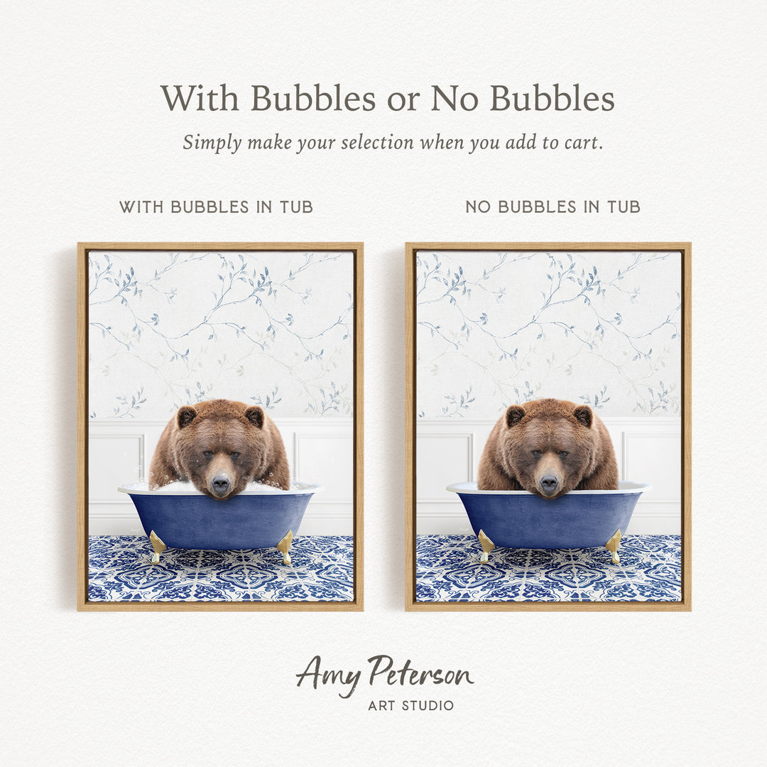 The image is a collage of two framed pictures, each featuring a brown bear sitting in a blue tub. The text above the images reads "With Bubbles or No Bubbles" and below the images, it says "Simply make your selection when you add to cart."