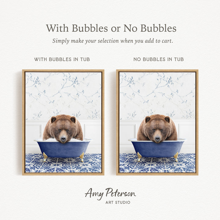The image is a collage of two framed pictures, each featuring a brown bear sitting in a blue tub. The text above the images reads "With Bubbles or No Bubbles" and below the images, it says "Simply make your selection when you add to cart."