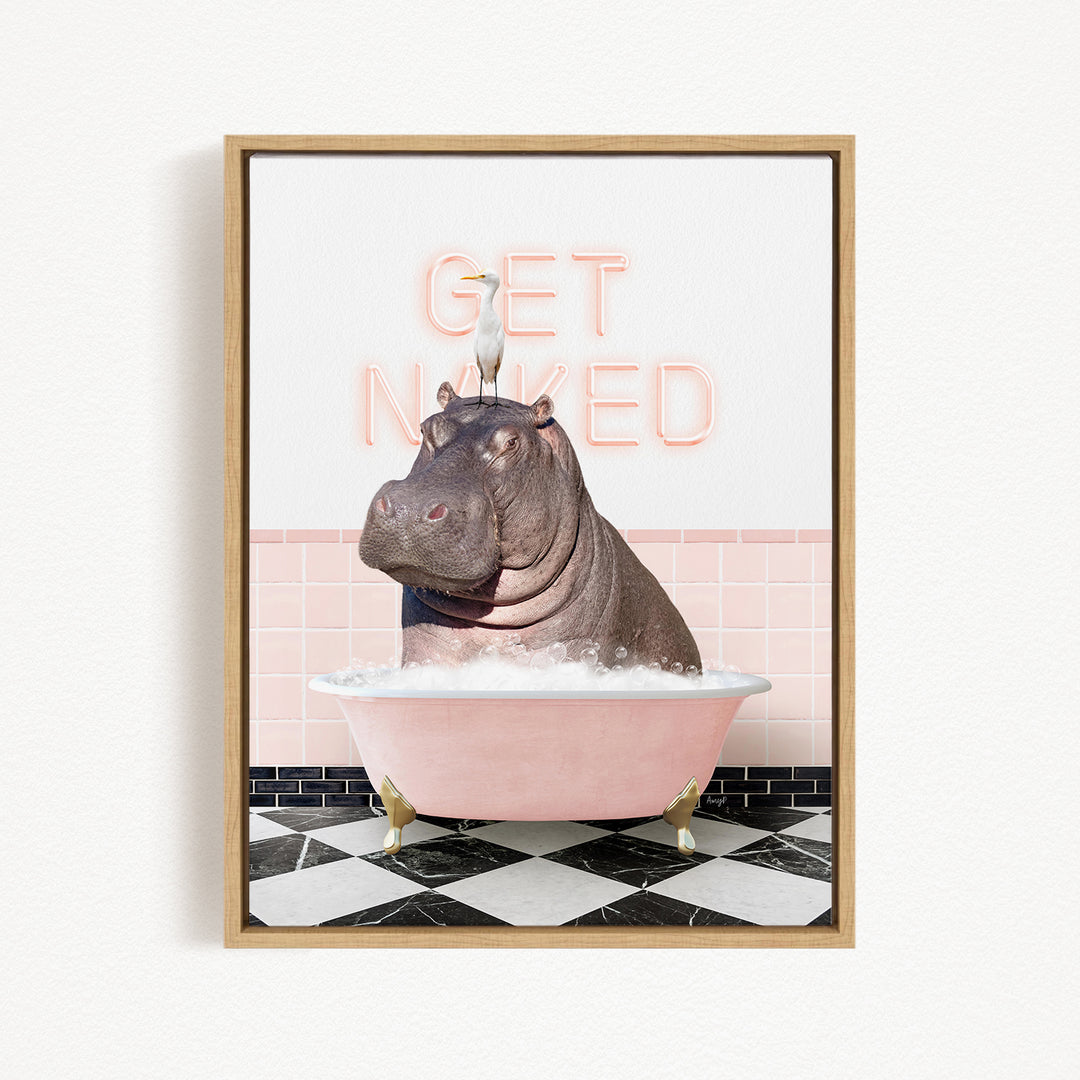 A framed image depicting a hippopotamus sitting in a pink bathtub, with a bird perched on its head. The text "GET NAKED" is displayed above the hippopotamus.