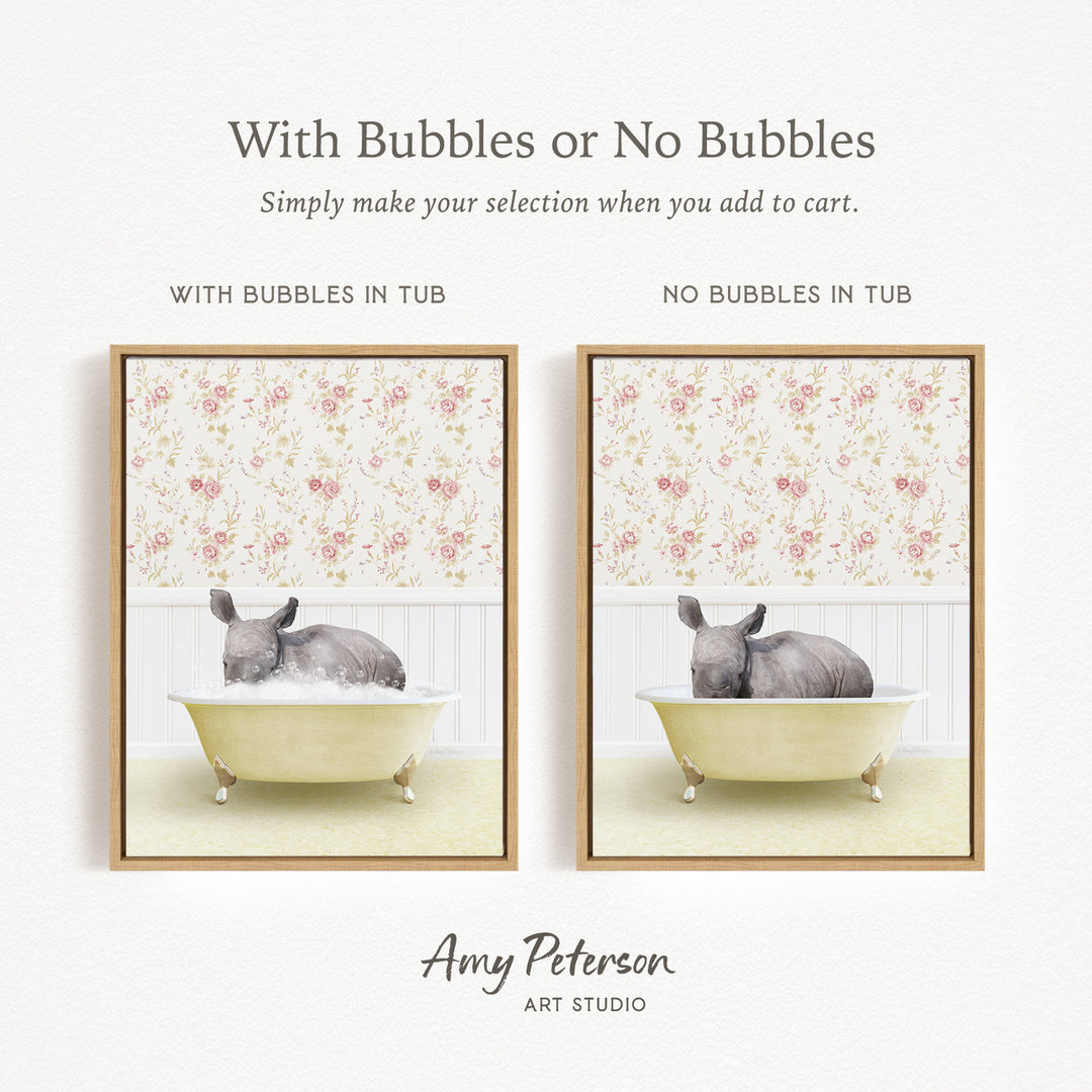 The image is a collage of two framed pictures, each depicting a gray rabbit sitting in a bathtub. The text above the images reads "With Bubbles or No Bubbles" and below the images, it says "Simply make your selection when you add to cart."