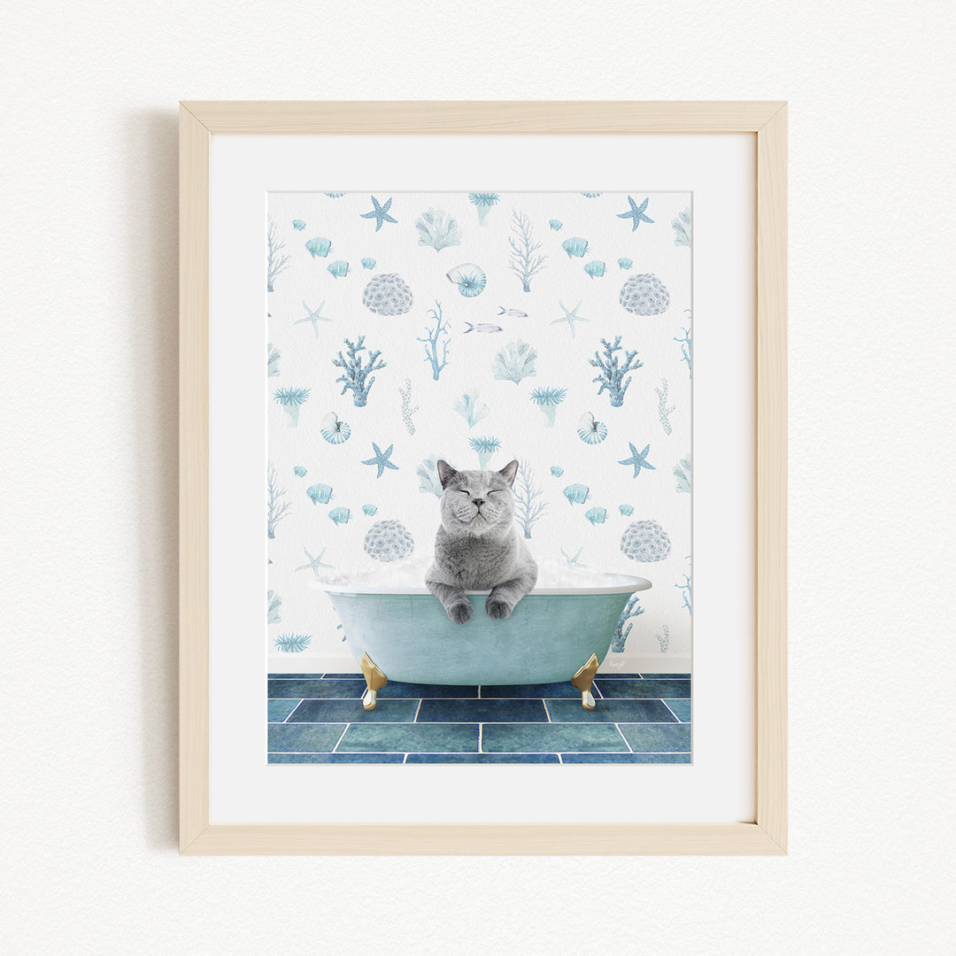 A gray cat sitting in a blue bathtub, surrounded by a pattern of seashells, starfish, and other marine life.
