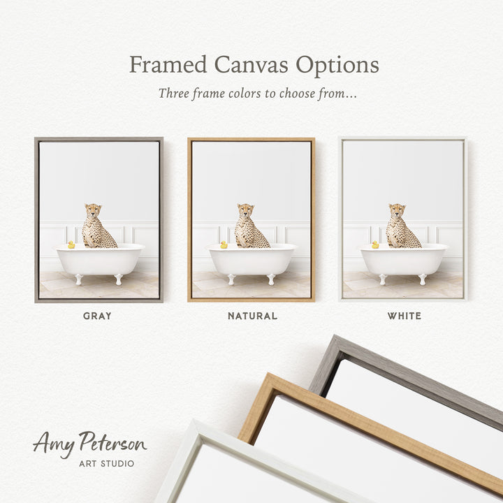 The image is a framed canvas option showcasing three different frame colors: gray, natural, and white. The canvas features a cheetah sitting in a bathtub, and the frame color options are displayed below the canvas.
