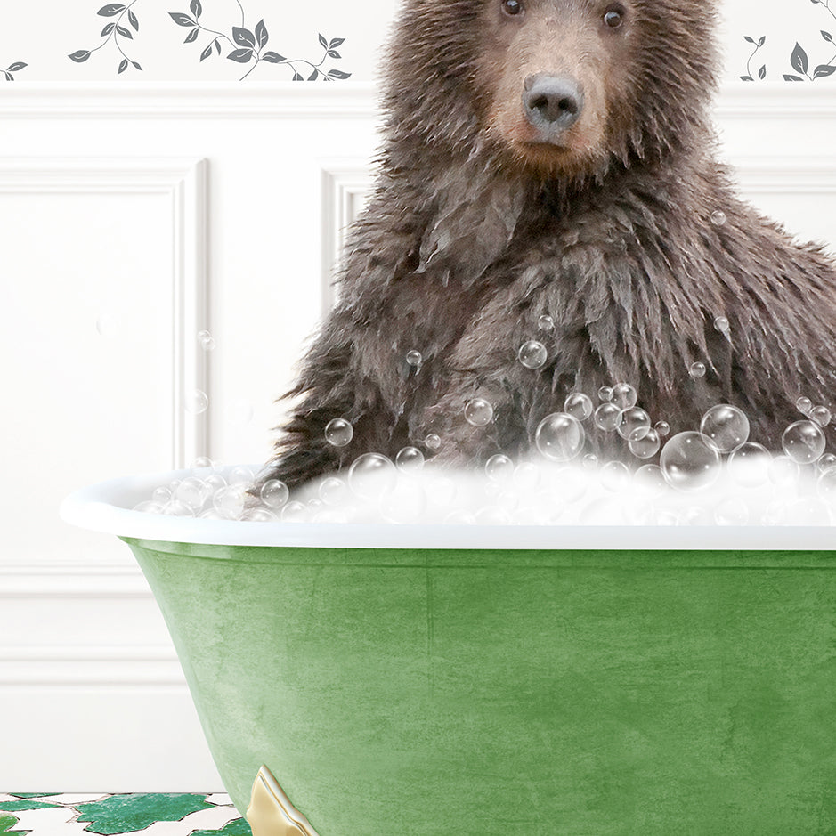 a brown bear sitting in a green bath tub