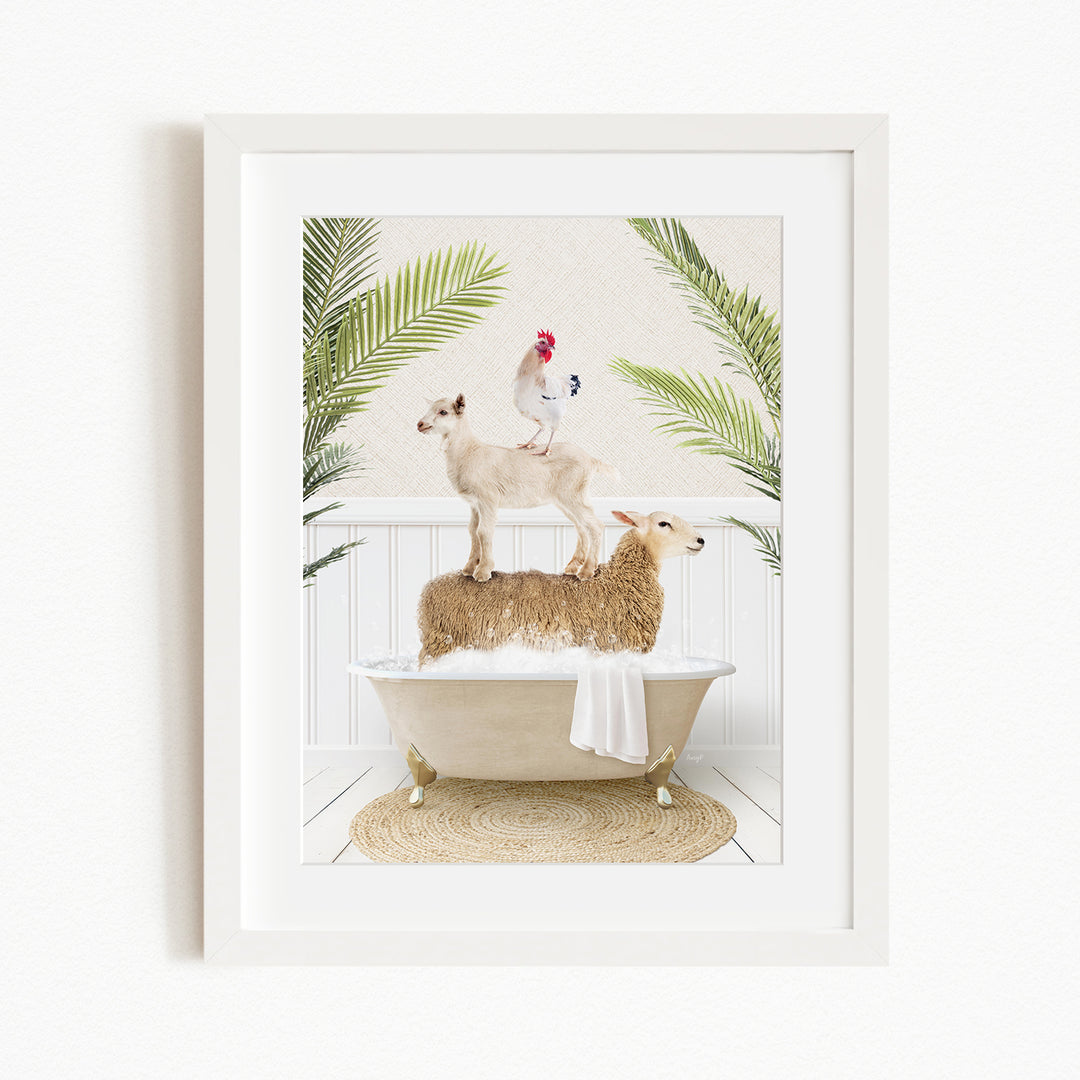 A framed image depicting a sheep standing on a tub filled with water, with a chicken perched on top of the sheep.