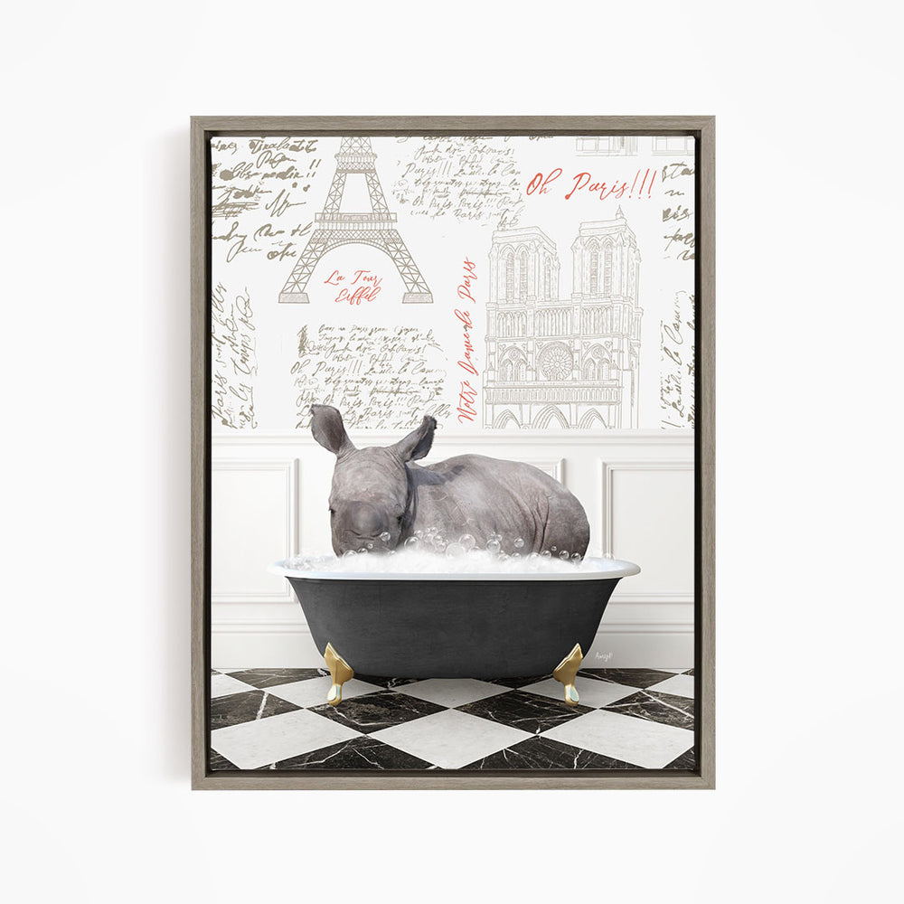 A rhinoceros is sitting in a bathtub filled with water, surrounded by various architectural drawings and text, including the Eiffel Tower and Paris.