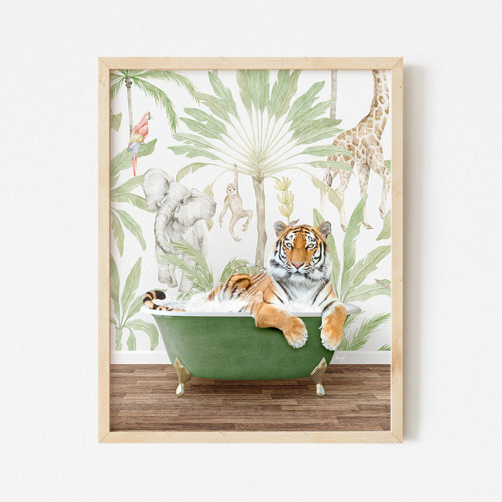 a painting of a tiger in a bathtub