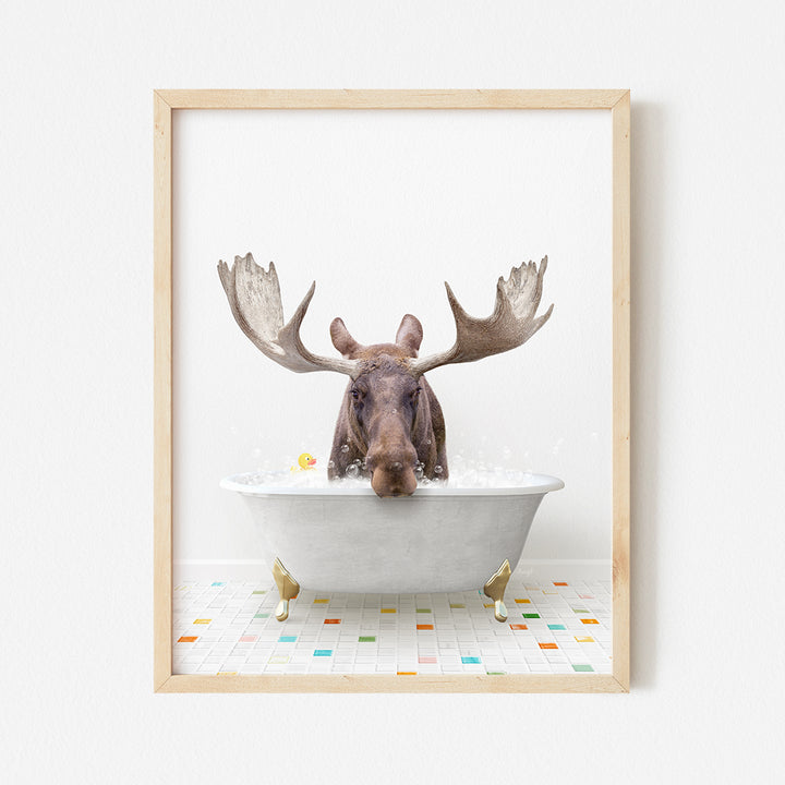 a moose is taking a bath in a bathtub