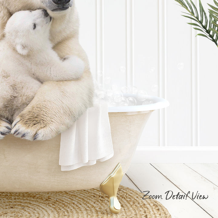 A mother polar bear and her cub cuddling in a bathtub, surrounded by bubbles and a towel, with a plant in the background.