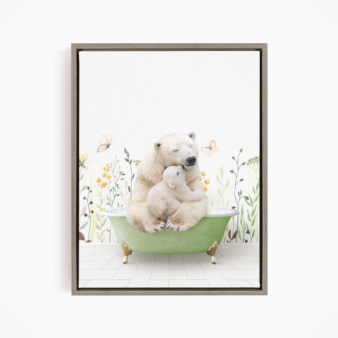 A polar bear sitting in a green bathtub surrounded by flowers and butterflies.