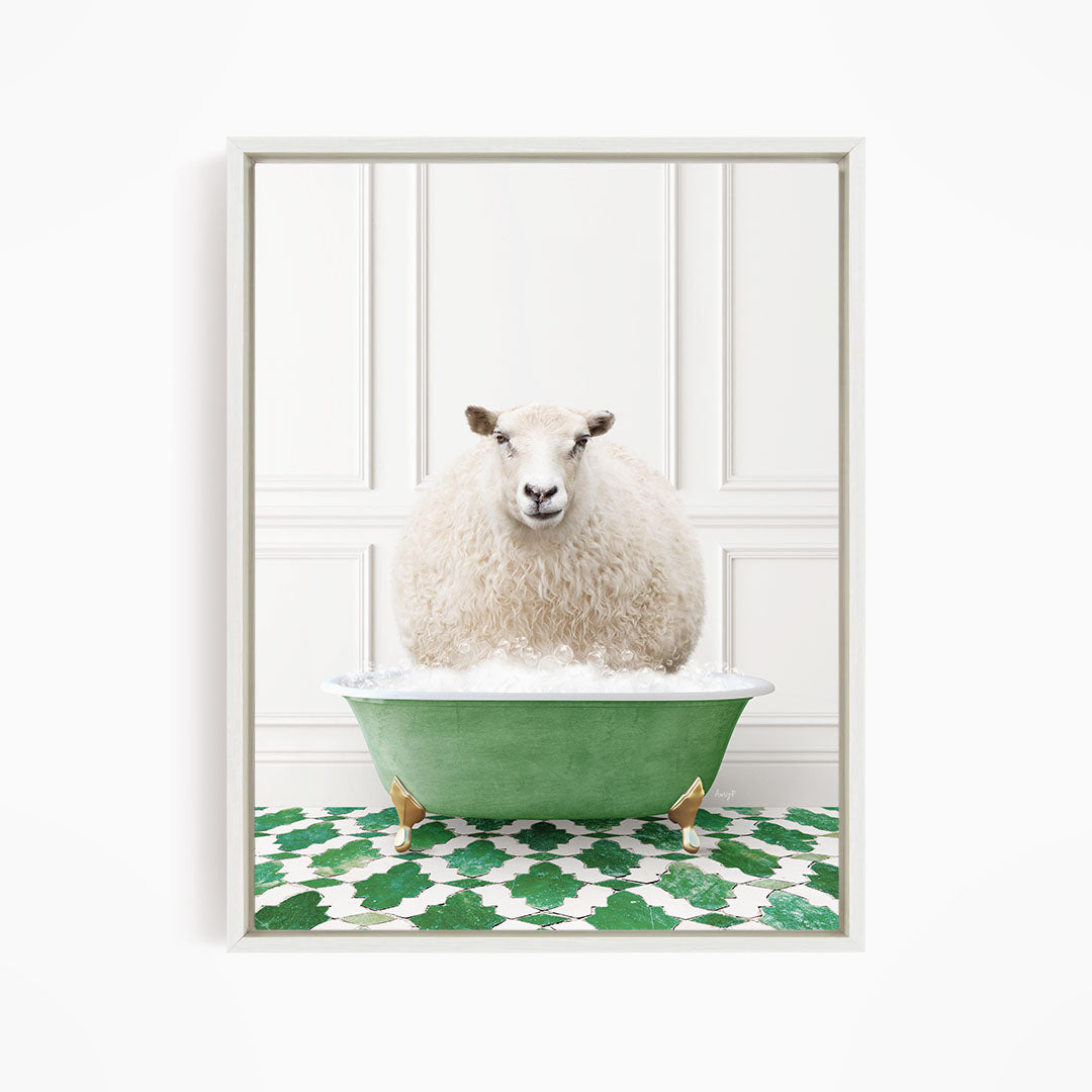 A fluffy white sheep sits in a green bathtub filled with bubbles, surrounded by a green and white patterned floor.
