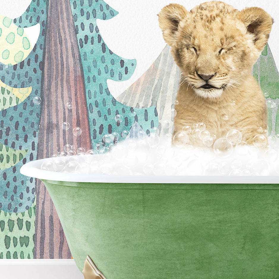 a lion cub sitting in a bath tub