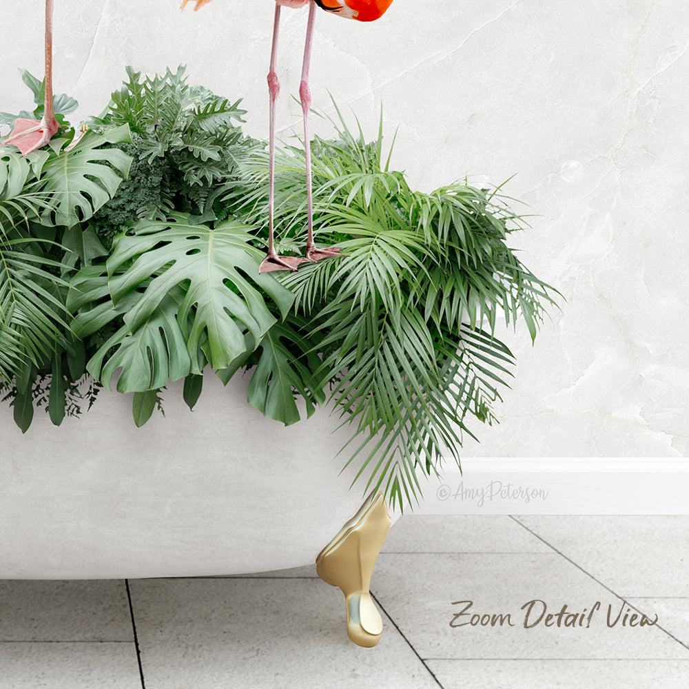 A close-up of a white bathtub filled with lush green plants and a pink flamingo standing on one of the plants.