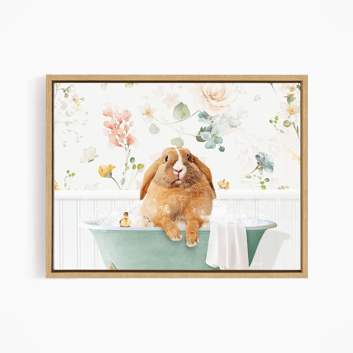 A brown rabbit sitting in a green bathtub filled with water, surrounded by a floral pattern.