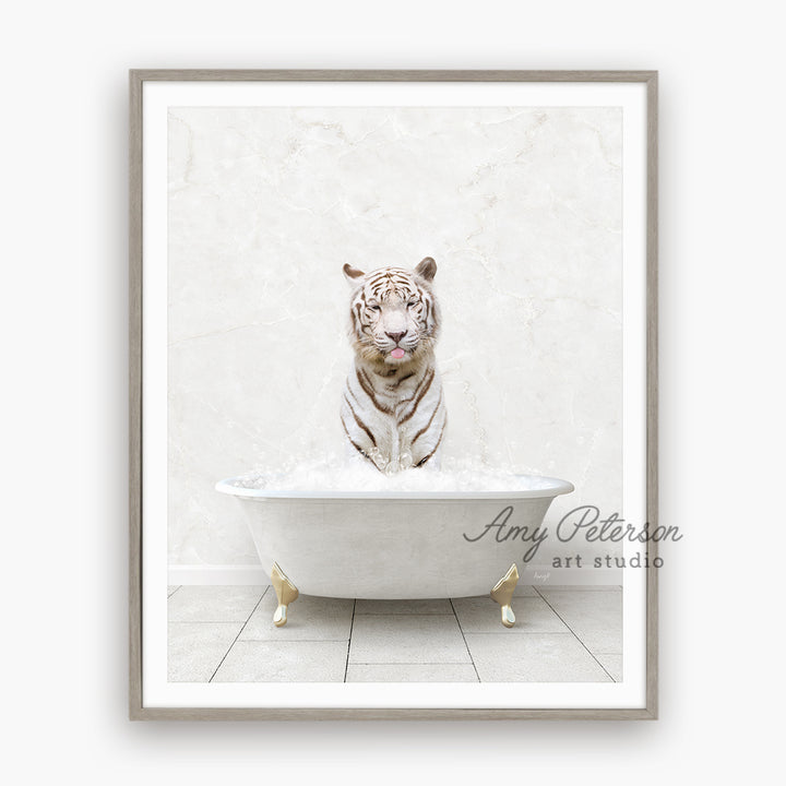 a white tiger sitting in a bath tub