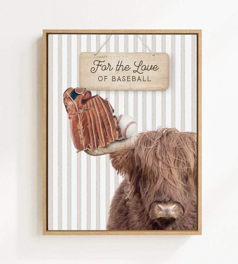 a framed print with a collage of baseball-related elements, including a baseball glove, ball, and a cow's head.