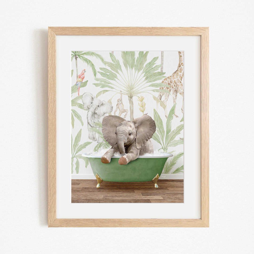A framed illustration of an elephant sitting in a green bathtub, surrounded by a tropical jungle scene with various animals and plants.