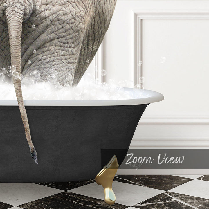 A large elephant is standing in a bathtub filled with bubbles, with its tail hanging over the edge.