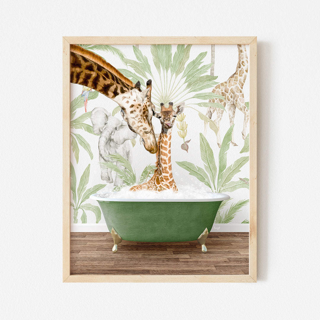 a painting of giraffes and elephants in a bathtub