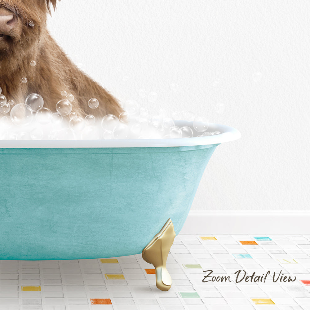 A dog is sitting in a blue bathtub filled with bubbles, with a colorful tiled floor in the foreground.