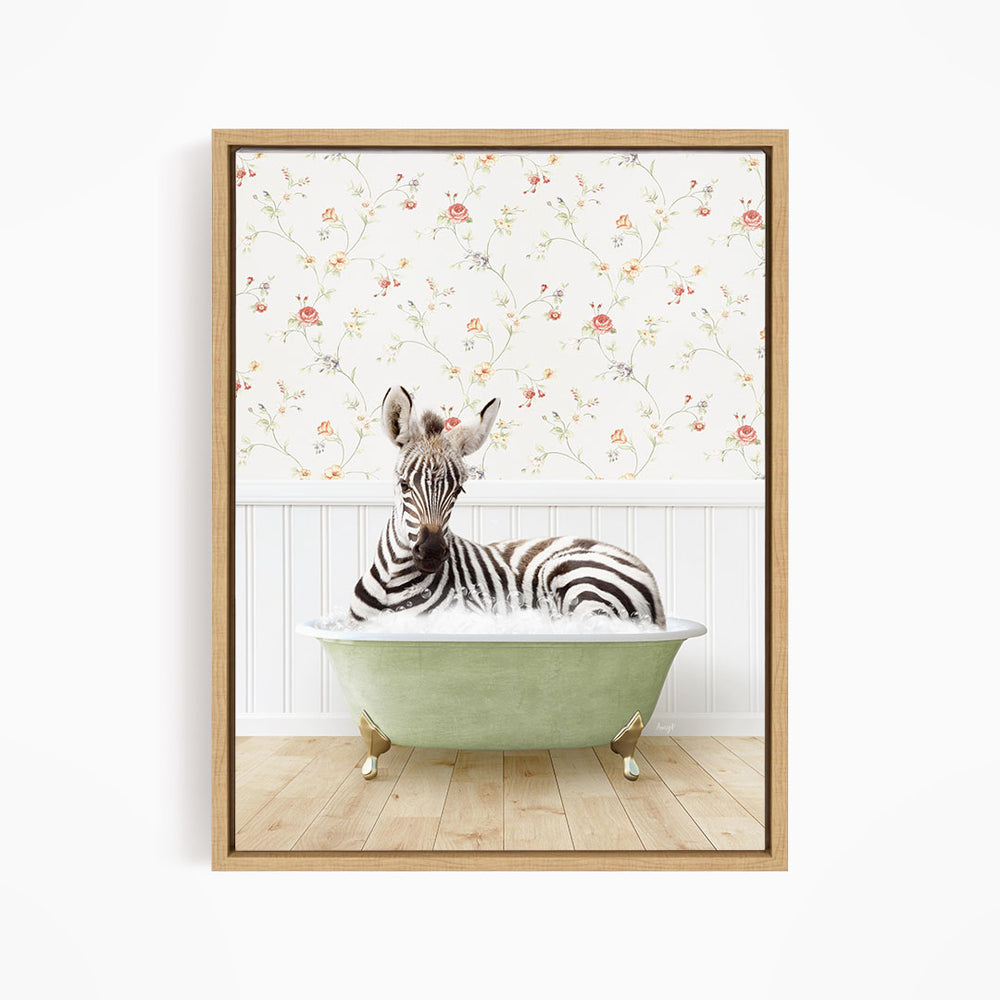A zebra is sitting in a green bathtub, with a floral wallpaper in the background.