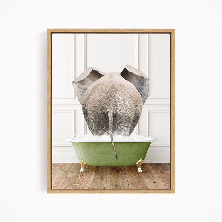 An elephant is standing in a green bathtub filled with water, with its trunk submerged in the water.
