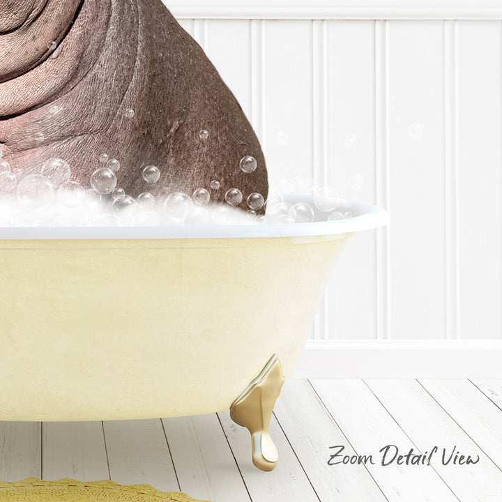 A bathtub filled with bubbles, with a large, curled-up object resembling a hippopotamus emerging from the water.