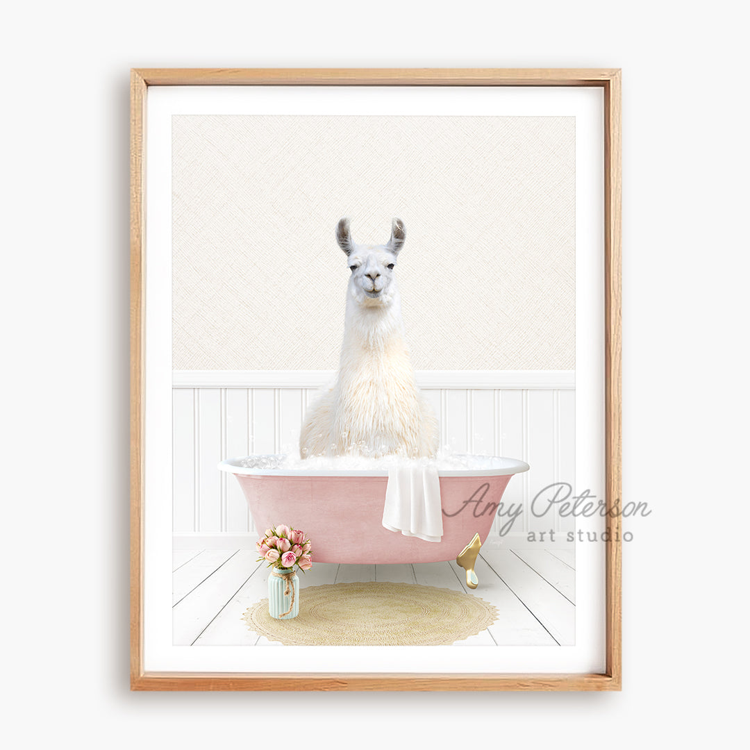 a picture of a llama in a bathtub