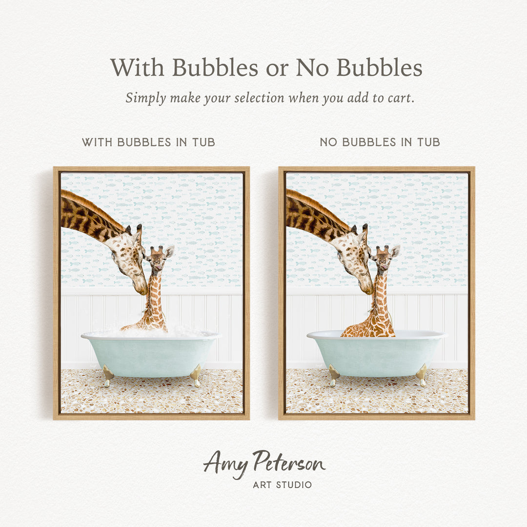 The image is a collage of two framed pictures depicting giraffes in bathtubs. The text above the images reads "With Bubbles or No Bubbles" and below the images, it says "Simply make your selection when you add to cart." The text at the bottom of the image says " Amy Peterson ART STUDIO."