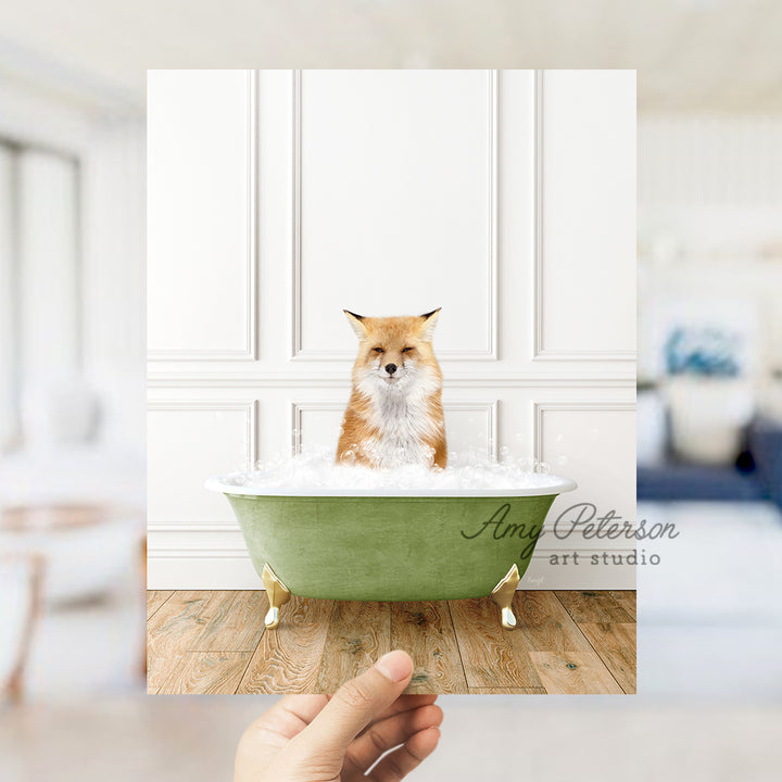 a hand holding a card with a picture of a dog in a bathtub