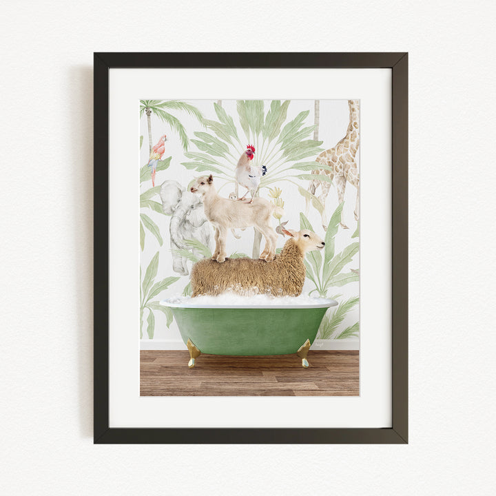 A framed image depicting a dog standing on a sheep in a bathtub, surrounded by various animals and a tropical wallpaper background.